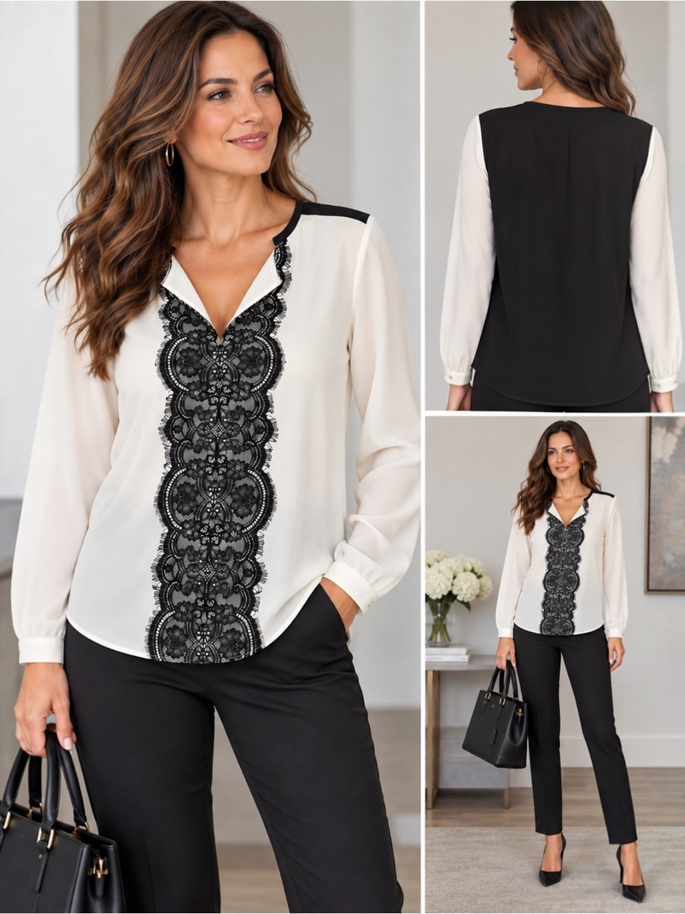 Vince Camuto Petite Large PL Blouse Black Ivory Lace Long Sleeve V Neck